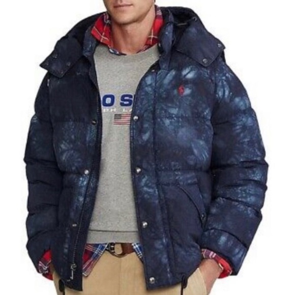 🆕Polo Ralph Lauren Boulder Puffer Jacket removable hood/sleeve Navy Tie-Dye M - Picture 2 of 14